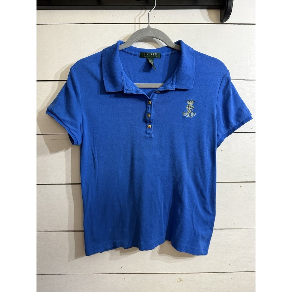 VTG Ralph Lauren Gold Embroidered Logo Blue Polo Shirt Sz Large Preppy Causal